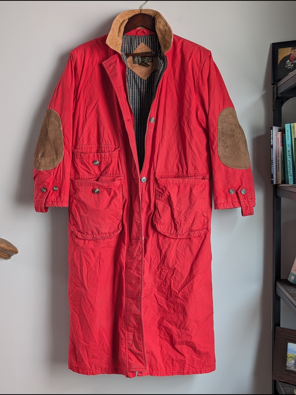 Vintage Eddie Bauer Goose Down Duster Coat Women's M Red Long Suede Elbow Hooded